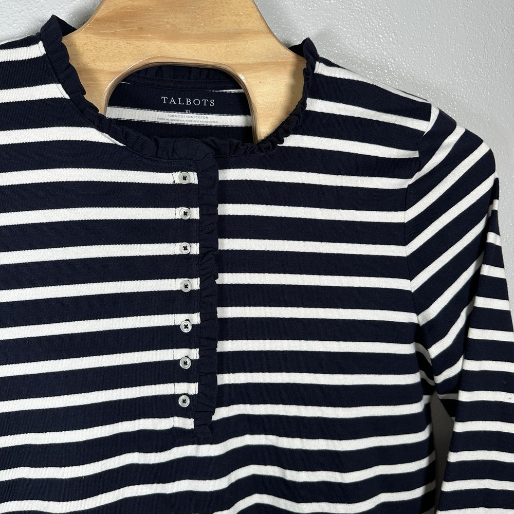 Talbots Sz XL Navy Blue White Striped Cotton 1/2 Button Ruffle Neck Long Sleeve